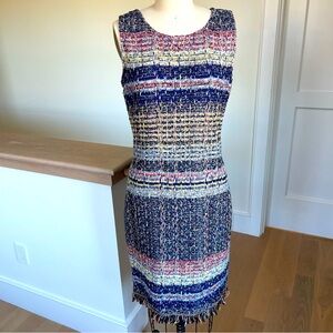 ST.JOHN Womens sleeveless Tweed Blue Purple Red Yellow White Fringed Dress Sz 4